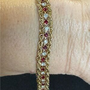 Vintage Costume Gold Plated Bracelet Red & Clear Crystals Mesh Roping Design 7”